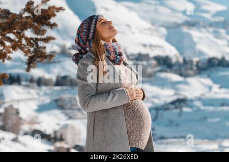 Glückliche, Schwanger Frau, Die Den Winter Genießt Stockfoto