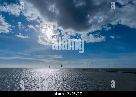 Kitesurfen an der Nordsee bei Lüttmoorsiel, Hallig Nordstrandischmoor am Horizont, Nrth Frisia, Norddeutschland Stockfoto