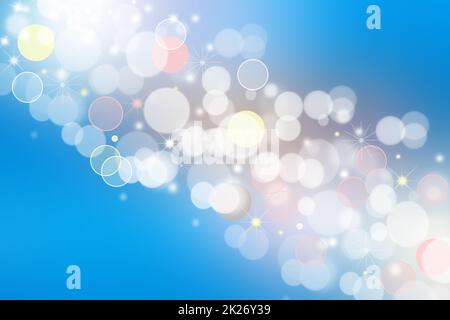 Blauer Hintergrund für Partyeinladungen. Abstrakte, zarte, hellblaue, türkisfarbene, rosa Bokeh-Textur mit Sternen. Wunderschöne Kulisse für die Gestaltung der Einladung zu verschiedenen Feiertagen. Stockfoto