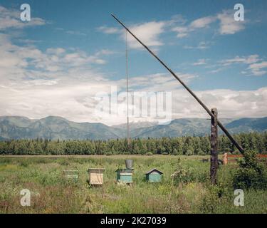 Die Landschaft mit Schatten und Bienenstöcken im Berghintergrund Stockfoto