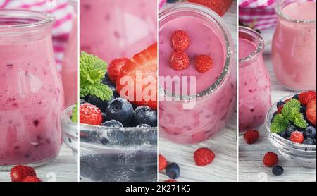 Collage aus Foto mit Beerenmoothie, gesundem sommerlichen Detox-Joghurt-Getränk auf weißem Holztisch Stockfoto