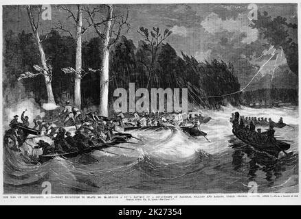 Der Krieg auf dem Mississippi River - Nachtexpedition zur Insel Nr. 10 - eine Rebellenkatterie von einer Abteilung von Nationalsoldaten und Matrosen unter Oberst Roberts, 2.. April 1862. Schlacht von Island Number Ten. Illustration des amerikanischen Bürgerkriegs des 19.. Jahrhunderts aus Frank Leslie's Illustrated Newspaper Stockfoto