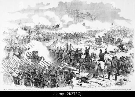 Der Krieg in Mississippi - Schlacht bei Pittsburg Landing, gekämpft am 6.. Und 7.. April 1862 zwischen den Nationalen Streitkräften unter den Generälen Ulysses S. Grant und Don Carlos Buell, Und die Rebellenarmee des Südwestens unter den Generälen Albert Sidney Johnston und P. G. T. Beauregard - die entscheidende Anklage von sechs Regimentern unter General Grant - die Niederlage der Rebellen. Schlacht von Shiloh. Illustration des amerikanischen Bürgerkriegs des 19.. Jahrhunderts aus Frank Leslie's Illustrated Newspaper Stockfoto