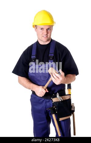Porträt eines jungen Handwerkers, Arbeiter, Monteur vor weißem Hintergrund Stockfoto