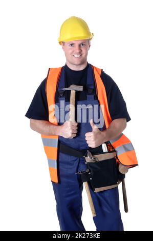 Porträt eines jungen Handwerkers, Arbeiter, Monteur vor weißem Hintergrund Stockfoto