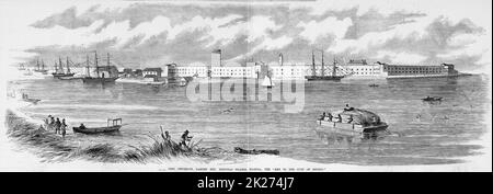 Fort Jefferson, Garden Key, Tortugas Islands, Florida, der 'Schlüssel zum Golf von Mexiko'. April 1862. Illustration des amerikanischen Bürgerkriegs des 19.. Jahrhunderts aus Frank Leslie's Illustrated Newspaper Stockfoto