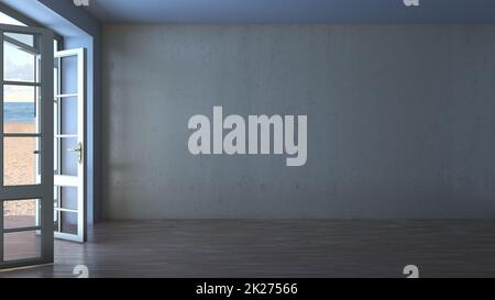 Dunkles Zimmer mit offenen Türen und Blick auf den Strand, den gelben Sand und die Wolken. Blick auf das Meer, Innenausstattung mit dunklem Parkettboden und beigefarbener Stuckwand. abbildung 3D, Ultra HD 8K, 7680x4320, 300 dpi Stockfoto