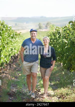 Spaziergang durch die Reben. Content reifes Paar verbringt Zeit in ihrem Weinberg. Stockfoto