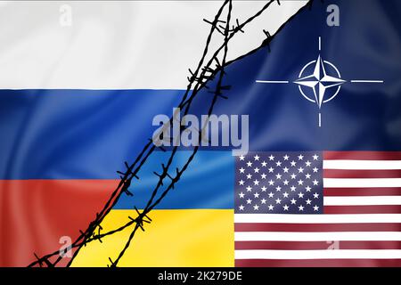 Seidenflaggen der Russischen Föderation Grunge-Flaggen der Russischen Föderation, der NATO, der USA und der Ukraine geteilt durch Stacheldraht-Illustration Stockfoto