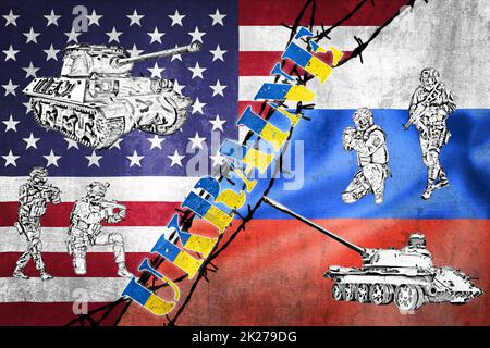 Kriegsspiele zwischen Russland und den USA über die Ukraine auf Grunge-Flaggen-Illustration Stockfoto