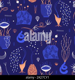 Nahtloses Vektormuster mit Blumenmuster. Geheimnisvolle kosmische Blumen in Vasen. Wiederhole den Hintergrund mit magischen Pflanzen Stockfoto