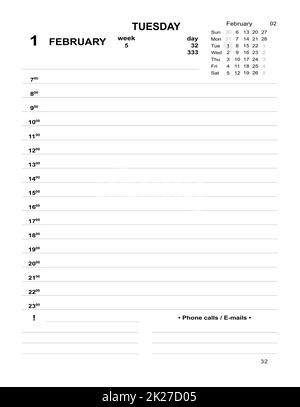 Tagesplaner für Unternehmen. Tagebuch Februar 2022. Datierte Vorlage für Kalender 2022 Stockfoto