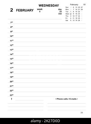 Tagesplaner für Unternehmen. Tagebuch Februar 2022. Datierte Vorlage für Kalender 2022 Stockfoto
