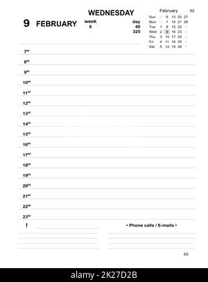 Tagesplaner für Unternehmen. Tagebuch Februar 2022. Datierte Vorlage für Kalender 2022 Stockfoto