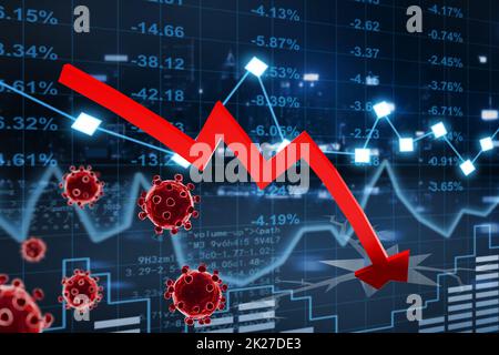 Covid-Krise und der Zusammenbruch der Märkte, wirtschaftliche Folgen. 3d-Illustration Stockfoto