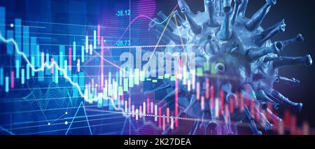 Covid-Krise und der Zusammenbruch der Märkte, wirtschaftliche Folgen. 3d-Illustration Stockfoto