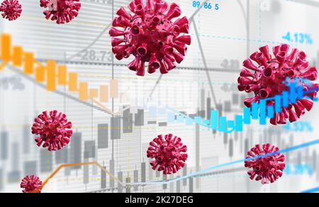 Covid-Krise und der Zusammenbruch der Märkte, wirtschaftliche Folgen. 3d-Illustration Stockfoto