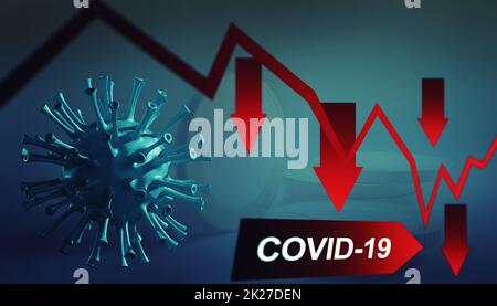 Covid-Krise und der Zusammenbruch der Märkte, wirtschaftliche Folgen. 3d-Illustration Stockfoto