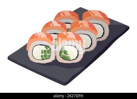 Realistisch gekochte Sushi-Rollen, weißer Hintergrund - Vektor Stockfoto