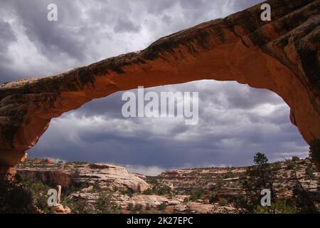 Eine Felsbrücke am Natural Bridges National Monument an einem bewölkten Tag Stockfoto