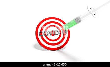 Spritze mit Impfstoff trifft das Ziel und zerstört Coronavirus. 3D Rendern. Stockfoto