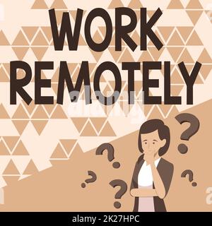 Textbeschriftung zur Remote-Präsentation von Arbeiten. Unternehmen zeigen einen frischen Arbeitsstil, bei dem Mitarbeiter ihre Arbeit außerhalb der Öffentlichkeit erledigen, indem sie Brainstorming zu neuen Lösungen durchführen, die mit Fragezeichen versehen sind. Stockfoto