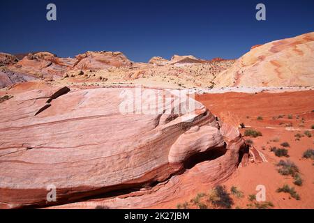 Der rosa Felsbrocken und der blaue Himmel in der roten Wüste des Valley of Fire State Park Stockfoto