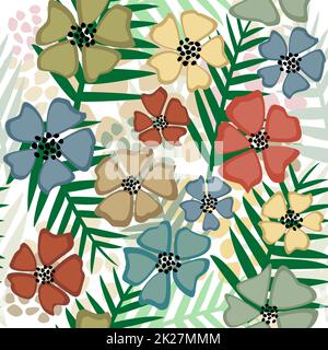 Abstrakt tropisch nahtlos mit Farnblättern und Blumen Stockfoto