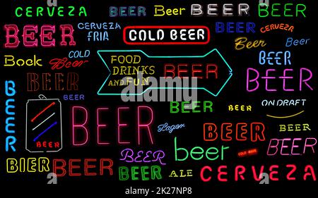 Kollektion von Vintage Neon Beer Schildern auf schwarzem Hintergrund Stockfoto