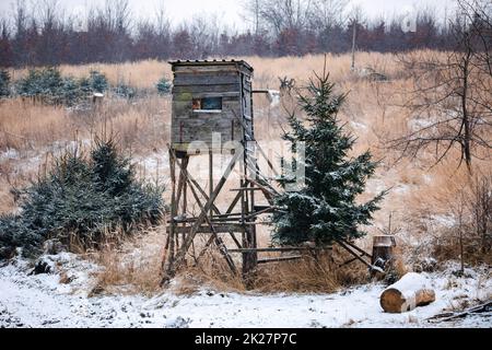 Jagdturm aus Holz in Wald Stockfoto