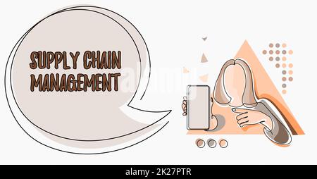 Inspiration mit Zeichen für Supply Chain Management. Aspekte des Geschäftskonzepts moderner, intelligenter Logistikprozesse von Unternehmen Linienzeichnung für Lady Holding Phone Präsentation neuer Ideen mit Sprechblase. Stockfoto