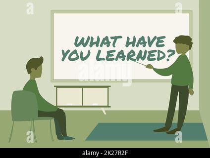 Inspiration mit Schild „Was haben Sie gelernt?“-Frage. Ein Wort, das geschrieben wurde, um zu wissen, welche Dinge sich aneignen oder Lehrern und Schülern zeichnen, indem der Unterricht privat in Einem Klassenzimmer stattfindet. Stockfoto