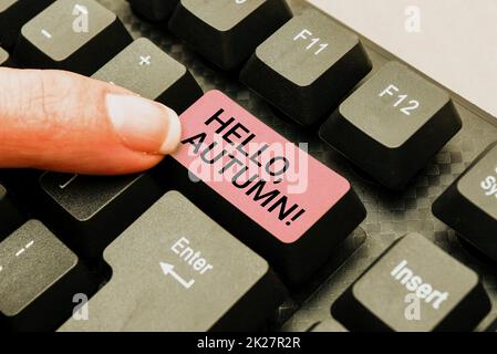 Konzeptunterschrift Hallo, Herbst. Begrüßung für Geschäftsbeispiele, die verwendet wird, wenn die Umstellung vom Sommer auf den Winter angenommen wird. Geben Sie Online Class Review Notes ein, und geben Sie abstrakt Untertitelspuren erneut ein Stockfoto