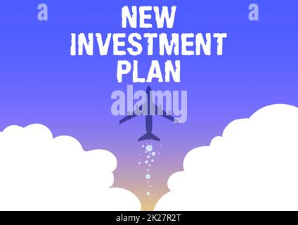 Konzeptionelle Anzeige Neuer Investitionsplan. Word for Financial Goals and Objectives with your Financial Resources Illustration of Airplane Launch Fast Straight Up to the Skies. Stockfoto