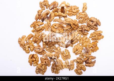 Geschälte Walnüsse Stapel Ansicht Von Oben Isoliert Auf Weißem Hintergrund Stockfoto