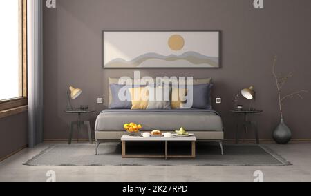 Minimalistisches Hauptschlafzimmer mit modernem Doppelbett Stockfoto