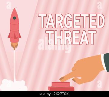Handschrift auf gezielt bedrohte Person. Business-Showcase-Klasse von Malware, die für eine bestimmte Organisation bestimmt ist. Man drückt per Hand auf den Knopf, um Rocket to Space für New Horizons zu starten. Stockfoto