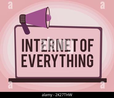 Konzeptionelle Beschriftung Internet of Everything. Unternehmen präsentieren intelligente moderne Stadt und drahtloses Kommunikationsnetzwerk Illustration von Megaphone auf leerem Monitor Ankündigungen machen. Stockfoto