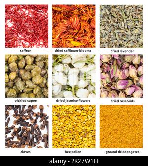 Verschiedene blumige Aromen mit Namen aus der Nähe Stockfoto