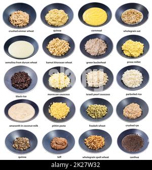 Set mit verschiedenen Porridges mit Namen in grauen Schüsseln Stockfoto
