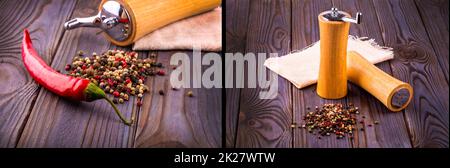 Set aus schwarzen Pfefferkornen, rotem heißem Chili-Pfeffer und schwarzem Pfefferpulver auf Holzhintergrund Stockfoto