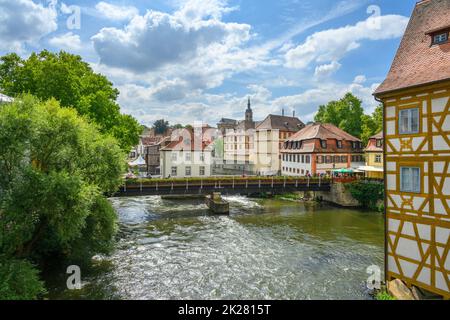 Blick auf die Regnitz von der Oberen Brücke, Bamberg, Bayern, Deutschland Stockfoto