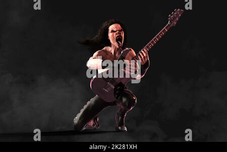 3D Illustration Devil Pose und spielt eine E-Gitarre umgeben auf dunklem Hintergrund mit Clipping Path. Death Rock Musiker. Stockfoto