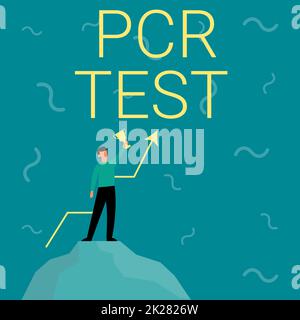 Inspiration mit Vorzeichen PCR-Test. Internetkonzept qualitativer Nachweis des Virusgenoms in der kurzen Zeit des DNA-Geschäftsmannes Drawing, der auf der Big Rock Stolly Holding Trophy steht. Stockfoto