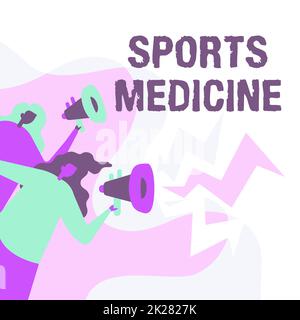 Schild mit der Aufschrift „Sportmedizin“. Unternehmerischer Ansatz Behandlung und Prävention von Verletzungen im Zusammenhang mit Sport Frauen Zeichnen-Holding Megafone Ankündigung an die Öffentlichkeit. Stockfoto