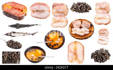 Set verschiedener Lebensmittel von Störfischen isolieren Stockfoto