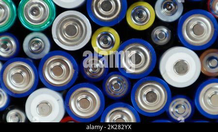 Viele gebrauchte Alkaline-Batterien des Typs AA, AAA, die zum Recycling gesammelt werden. Recycling und ökologische Probleme. Draufsicht eines Hintergrunds gebrauchter Batterien verschiedener Typen und Größen. Stockfoto