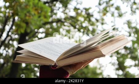 Weibliche Hand hält offenes Buch mit Sonnenlicht als Konzept der Wissensfreiheit auf grünem Bokeh-Hintergrund im Park. Offenes Buch über abstrakten hellen Hintergrund der Natur. Stockfoto