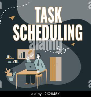 Konzeptionelle Beschriftung Aufgabenplanung. Konzept, das die Zuweisung von Start- und Endzeiten zu einer Reihe von Aufgaben bedeutet Mann am Schreibtisch arbeitet und präsentiert neue Technologien. Stockfoto