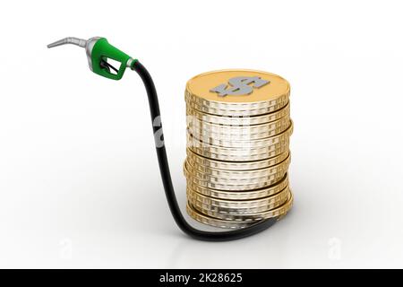 Gaspumpe mit Dollarmünzen Stockfoto